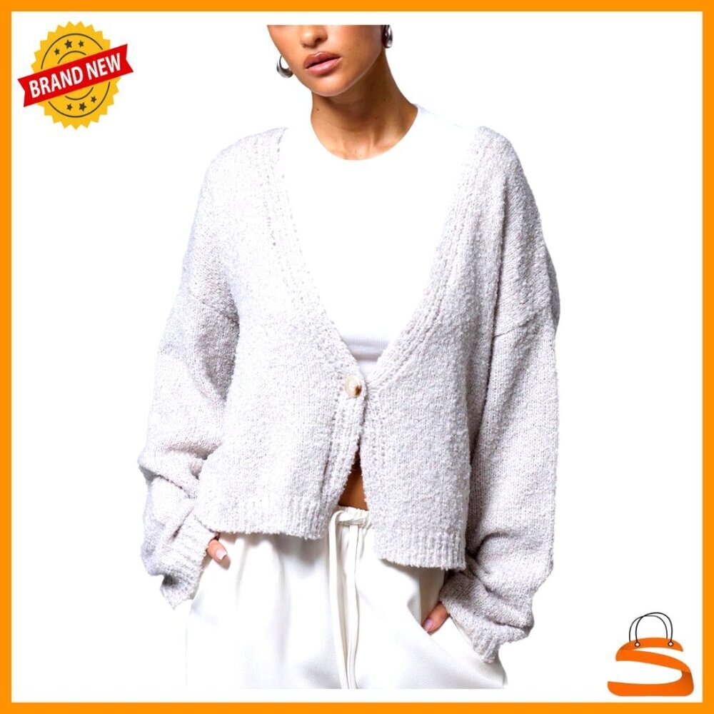 Oversized Knit Cardigan Deep V Neck Drop Shoulder Casual Chic Fuzzy Sweater